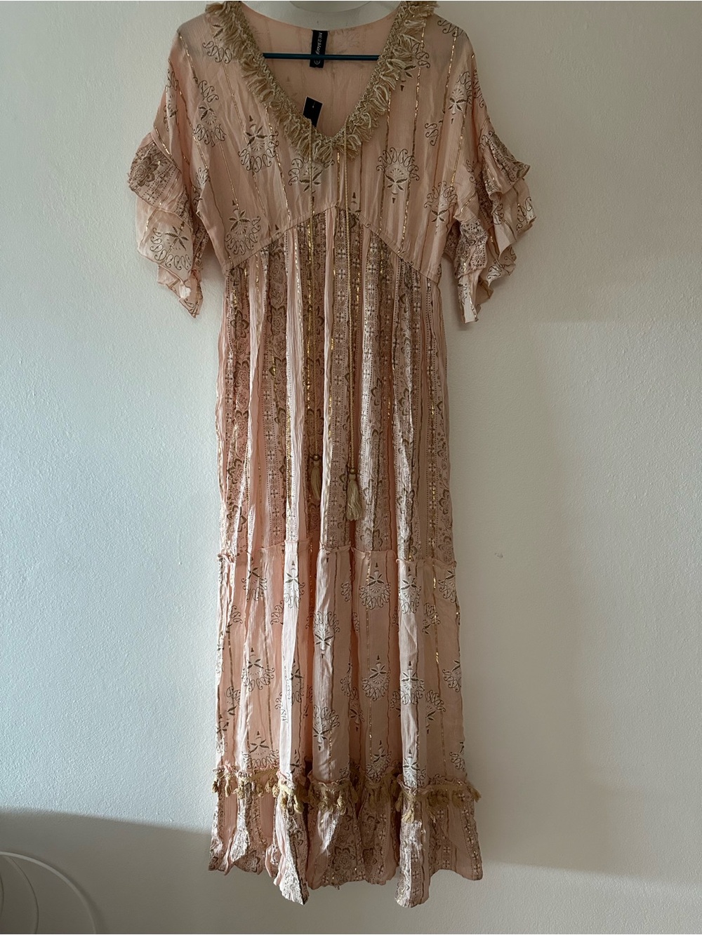 Me 2 Magic Maxi Dress, pastel Pink Floral Print, short sleeve ,with Tassel small